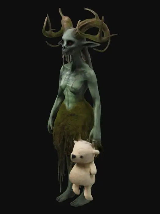 3D model for Realistic, moss-covered wendigo, wearing a backless dress,  warm tone, with a plushie accessory 