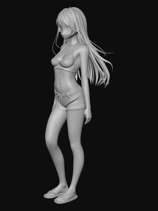 3D model for Create a stylized 3D anime female NPC for a video game beach environment. She has a youthful anime look with large expressive eyes, small nose, and soft features. Her hair is long and flowing, styled in a playful summer fashion. She has an athletic yet slender body with well-proportioned legs, smooth calves, and realistic knee placement, designed for third-person gameplay visibility. She is wearing a cute, modern swimsuit (bikini or one-piece), bright pastel colors, casual beach pose, relaxed posture, clean mesh, optimized for real-time NPCs, PBR-ready materials.
