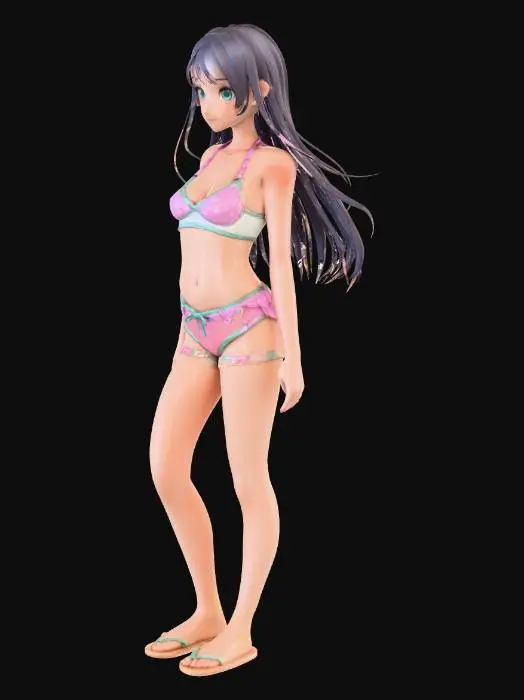 3D model for Create a stylized 3D anime female NPC for a video game beach environment. She has a youthful anime look with large expressive eyes, small nose, and soft features. Her hair is long and flowing, styled in a playful summer fashion. She has an athletic yet slender body with well-proportioned legs, smooth calves, and realistic knee placement, designed for third-person gameplay visibility. She is wearing a cute, modern swimsuit (bikini or one-piece), bright pastel colors, casual beach pose, relaxed posture, clean mesh, optimized for real-time NPCs, PBR-ready materials.