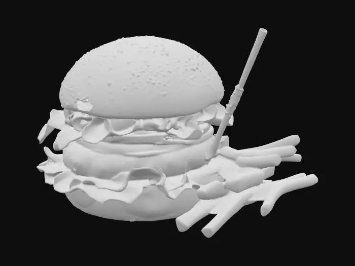 3D model for #food#, A galaxy cheesurger with a side of fries and a drink and its all galaxy based and its crystalline, glowing, sparkling, and overall design is amazing