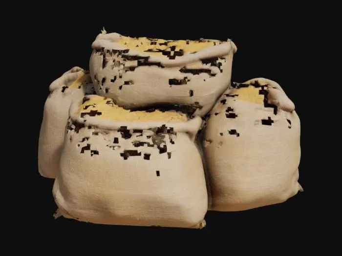 3D model for 装满谷物、干草或其他农产品的麻袋堆放在角落里。麻袋的布料粗糙，颜色暗淡，有使用和磨损的痕迹。