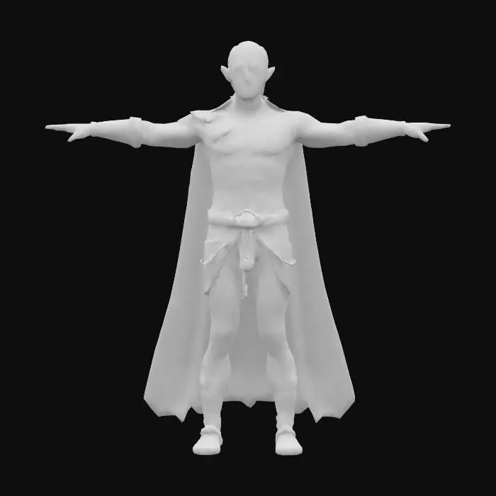 3D model for A realistic fantasy character, rendered in exquisite detail, standing in a T-pose against a stark, white backdrop. The character, a male elf with pointed ears and piercing blue eyes, displays a complex array of intricate details. His body is adorned with elaborate, detailed tattoos and markings that flow seamlessly across his skin, hinting at a mystical backstory and connection to the fantastical realm. His clothing, a mixture of leather armor and flowing fabrics, appears sturdy and practical, hinting at a warrior's past. The character's features are highly detailed, with sharp cheekbones, strong jawlines, and a subtle frown on his face, hinting at a pensive disposition. The lighting is even and subtle, enhancing the intricate details of the character's features and gear.