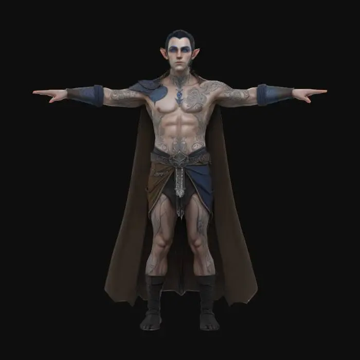 3D model for A realistic fantasy character, rendered in exquisite detail, standing in a T-pose against a stark, white backdrop. The character, a male elf with pointed ears and piercing blue eyes, displays a complex array of intricate details. His body is adorned with elaborate, detailed tattoos and markings that flow seamlessly across his skin, hinting at a mystical backstory and connection to the fantastical realm. His clothing, a mixture of leather armor and flowing fabrics, appears sturdy and practical, hinting at a warrior's past. The character's features are highly detailed, with sharp cheekbones, strong jawlines, and a subtle frown on his face, hinting at a pensive disposition. The lighting is even and subtle, enhancing the intricate details of the character's features and gear.