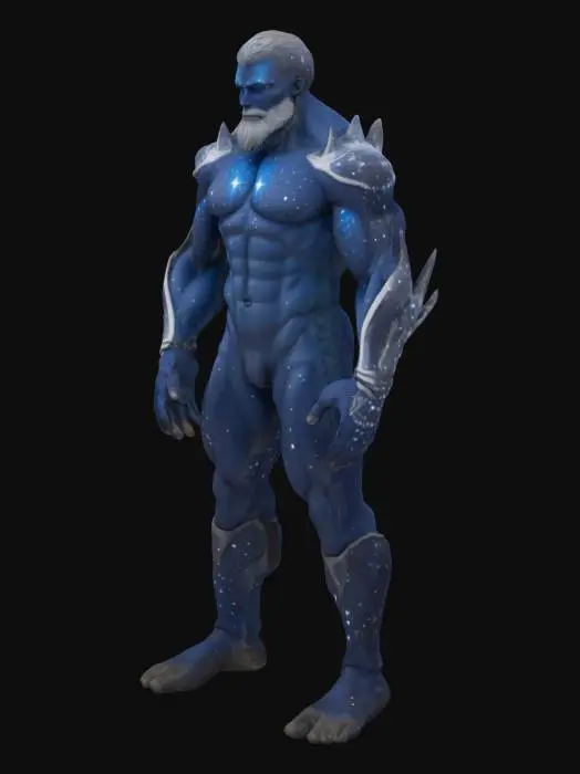 3D model for Starforged Titan
Male: "A cosmically-muscled male herald with midnight-blue skin dotted by perfectly mirrored white star constellations. Comet-gray stubs rise symmetrically from its shoulders, reaching upward as if pulling the sky. in natural pose"