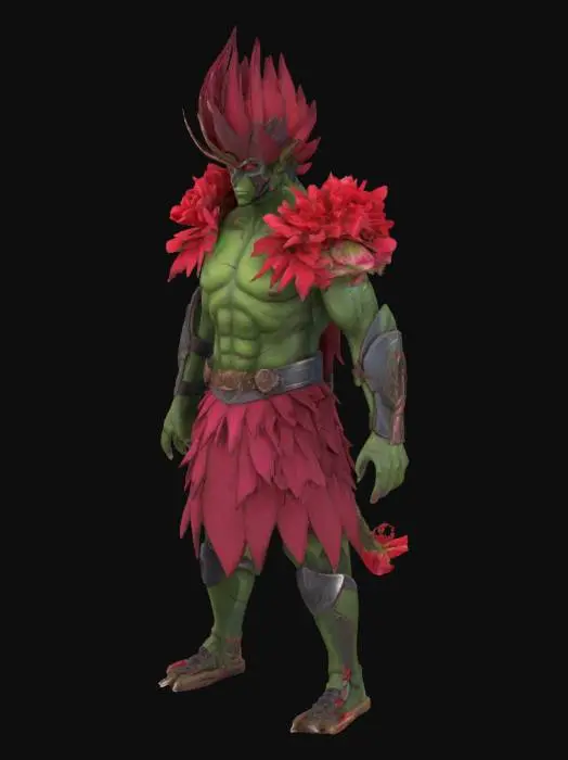 3D model for Male: "A heavily-muscled male floral sentinel with forest-green skin armored by symmetrical rose-red petal layers. Burgundy spikes spear identically from its back, standing side-by-side with drifting petals."