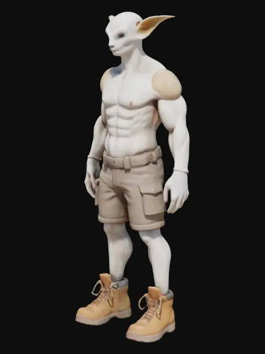 3D model for Ivory Peak Climber:
A lean, fit muscular creature with symmetrical smooth ivory-white skin and subtle stone-gray markings. Wearing rugged earth-toned shorts and sturdy tan work boots, symmetrical rounded rock-like protrusions adorn its shoulders, its head smooth, featureless, projecting resilient mountain energy.