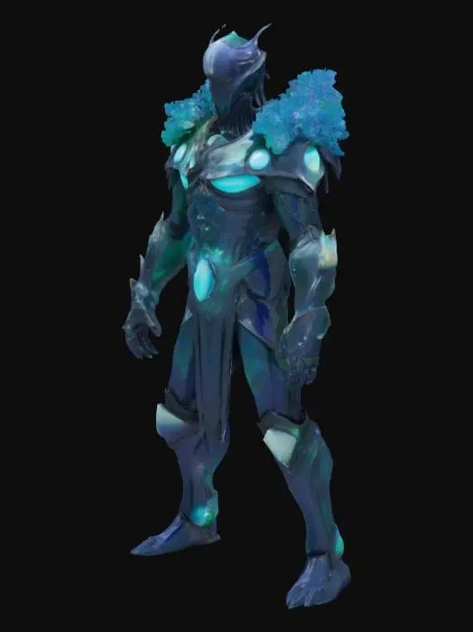 3D model for Abyssal Pearl Sentinels
Male: "A male deep-sea enforcer with skin like blackened mother-of-pearl, its iridescent surface shifting between indigo and emerald hues. His armor consists of interlocking coral plates fossilized into white jade, each joint oozing viscous bioluminescent fluid that traces identical glowing pathways down both sides of his body. Clusters of living blue coral grow in mirror-image formations across his shoulders."