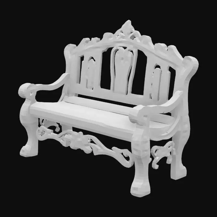 3D model for A charming, miniature garden bench surrounded by lush greenery, blooming flowers, and tiny decorative stones, styled in a whimsical and inviting fantasy aesthetic.