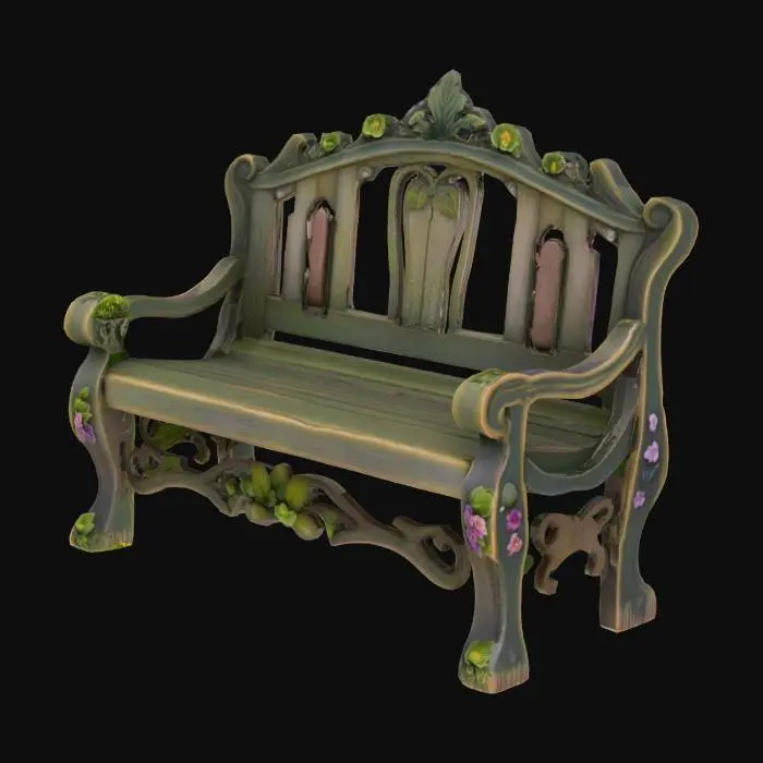 3D model for A charming, miniature garden bench surrounded by lush greenery, blooming flowers, and tiny decorative stones, styled in a whimsical and inviting fantasy aesthetic.