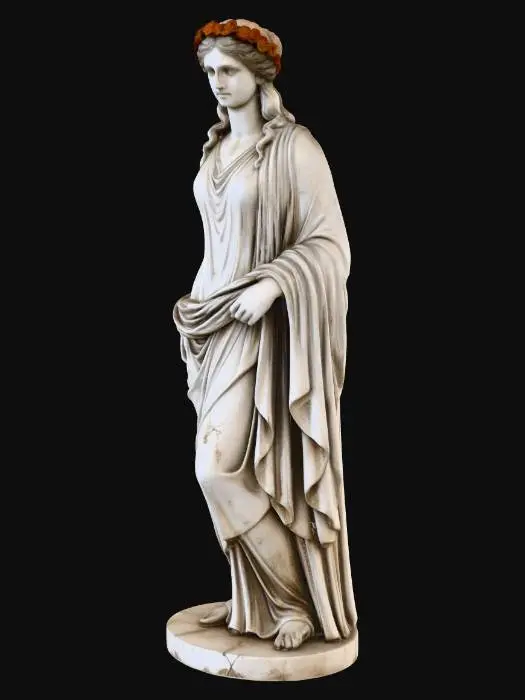 3D model for Full-body Roman marble statue from uploaded portrait. Convert clothing to classical Roman togas and tunics, preserve hairstyle with Roman styling touches, white marble with weathered details, contrapposto pose on pedestal, ancient Roman architectural setting.