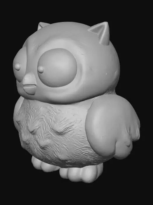 3D model for A chunky, cartoonish owl Roblox character, standing upright. It has a stout, round body with smooth, matte light brown feathers. Its head features oversized, wide white eyes with small black pupils, giving it a surprised expression. Short, stubby wings and feet, along with tiny pointed ears and a small orange beak, complete its endearing, squishy appearance, designed for a smooth, tactile feel.