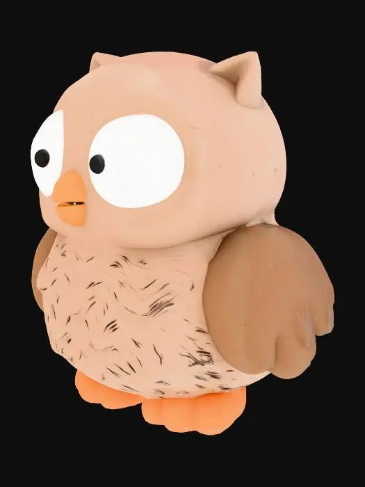 3D model for A chunky, cartoonish owl Roblox character, standing upright. It has a stout, round body with smooth, matte light brown feathers. Its head features oversized, wide white eyes with small black pupils, giving it a surprised expression. Short, stubby wings and feet, along with tiny pointed ears and a small orange beak, complete its endearing, squishy appearance, designed for a smooth, tactile feel.