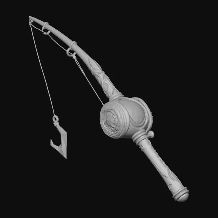 3D model for A fantastical fishing rod, resembling an enchanted staff. Its slender shaft is crafted from polished, deep purple material with gold filigree accents, leading to an elaborate, glowing reel section. The reel is a swirling vortex of shimmering magenta and violet energy, encircled by golden, ornate gears. The line itself is an ethereal energy beam, culminating in a sharp, crystalline lure. It possesses a smooth, cool metallic touch with an internal vibrant glow.