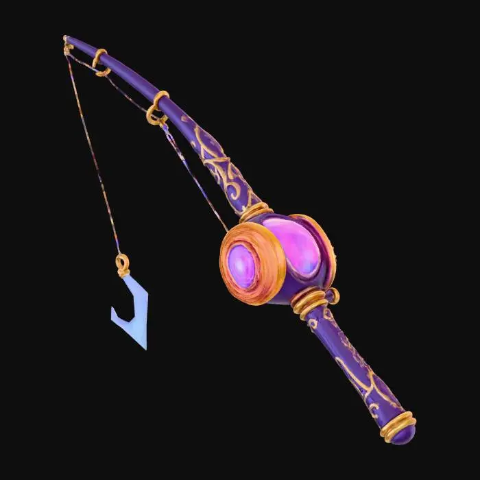 3D model for A fantastical fishing rod, resembling an enchanted staff. Its slender shaft is crafted from polished, deep purple material with gold filigree accents, leading to an elaborate, glowing reel section. The reel is a swirling vortex of shimmering magenta and violet energy, encircled by golden, ornate gears. The line itself is an ethereal energy beam, culminating in a sharp, crystalline lure. It possesses a smooth, cool metallic touch with an internal vibrant glow.