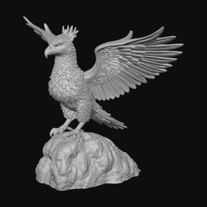 3D model for A majestic griffin, with the powerful body of a lion covered in golden fur and the head and wings of an eagle, its feathers a rich brown. It stands majestically on a craggy mountain peak, its keen eyes surveying the vast landscape below as the sun rises, casting a warm glow on its impressive form.