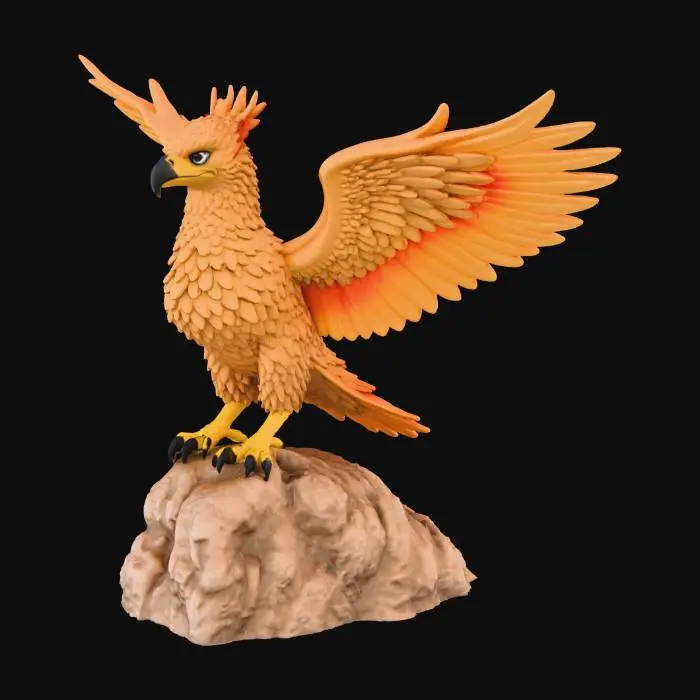 3D model for A majestic griffin, with the powerful body of a lion covered in golden fur and the head and wings of an eagle, its feathers a rich brown. It stands majestically on a craggy mountain peak, its keen eyes surveying the vast landscape below as the sun rises, casting a warm glow on its impressive form.