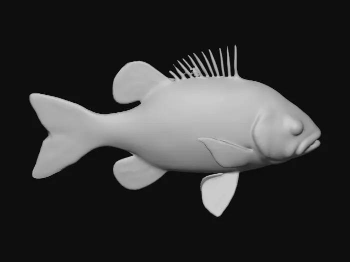 3D model for A freshwater perch fish, characterized by its elongated, torpedo-shaped body that tapers towards the tail. Its skin is covered in small, slightly rough scales, presenting a vibrant olive-green back fading into yellow-green sides and a lighter, creamy belly. Distinctive dark vertical stripes run along its flanks. The dorsal fin is prominent and spiny, while the other fins are softer and translucent, with reddish or yellowish tinges. Its firm, muscular form suggests agility in water.