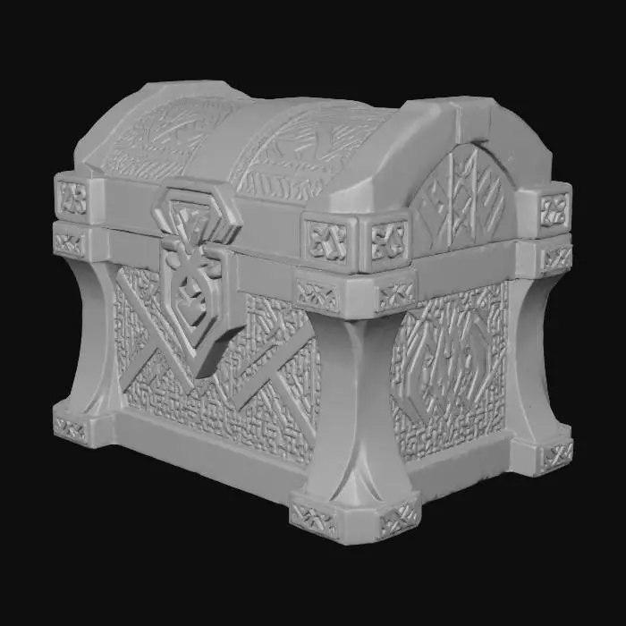 3D model for A formidable dwarven chest, carved entirely from a dense, dark grey stone, likely granite or basalt. Its rectangular shape is robust and blocky, reinforced with thick, chiseled edges and prominent corner elements. The surface is predominantly rough and matte, revealing tool marks from its creation, but features intricate, deeply carved dwarven runes and geometric patterns along its sides and lid. It feels immensely heavy and cold to the touch, with the textured stone providing a solid, unyielding sensation.