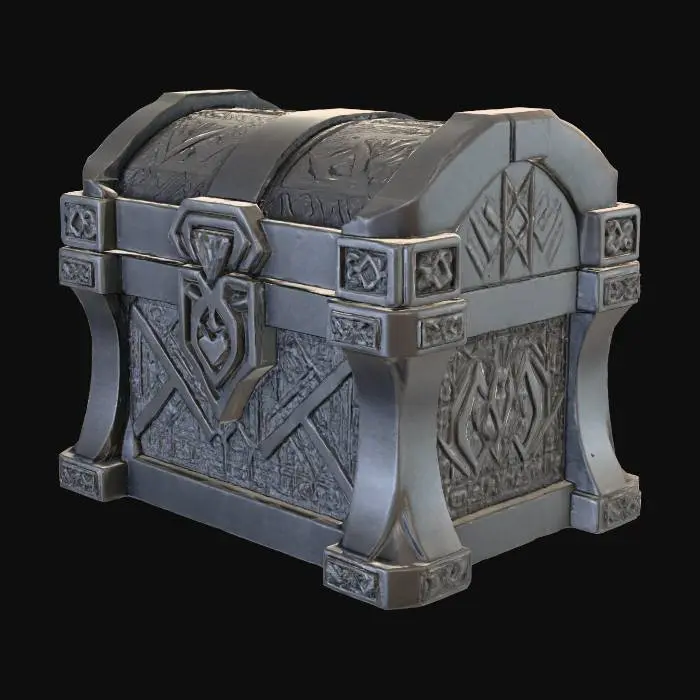 3D model for A formidable dwarven chest, carved entirely from a dense, dark grey stone, likely granite or basalt. Its rectangular shape is robust and blocky, reinforced with thick, chiseled edges and prominent corner elements. The surface is predominantly rough and matte, revealing tool marks from its creation, but features intricate, deeply carved dwarven runes and geometric patterns along its sides and lid. It feels immensely heavy and cold to the touch, with the textured stone providing a solid, unyielding sensation.