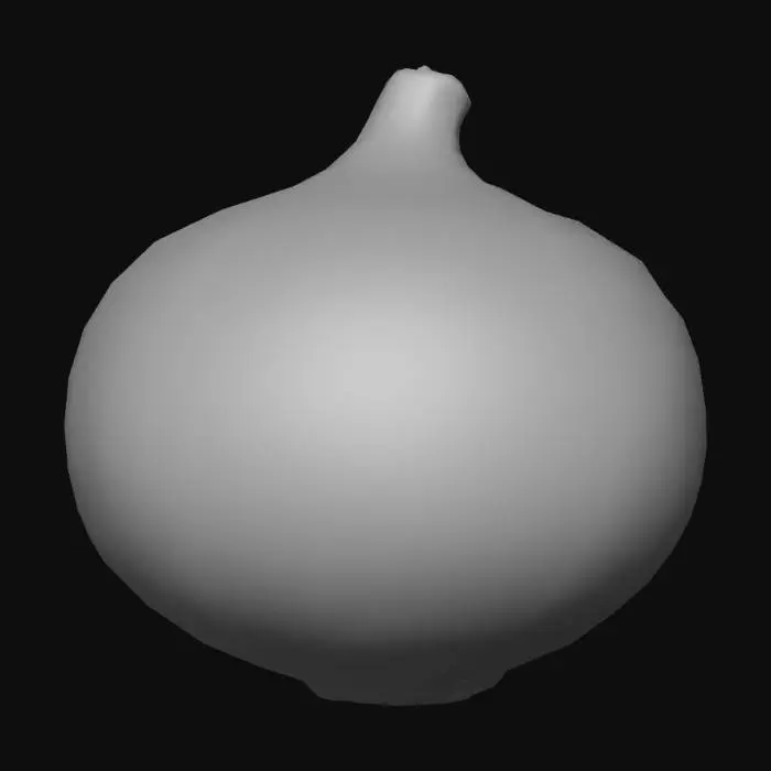 3D model for A classic yellow onion, presenting a globe-like, slightly flattened spherical shape. Its outer skin is dry, thin, and papery, a shimmering golden-brown color with occasional lighter streaks, feeling slightly brittle to the touch. Beneath this, the fleshy layers are firm and smooth, transitioning from pale cream to white. A small, fibrous root plate is visible at one end, and a dried, pointed stalk-end at the other. Its overall feel is robust and dense.