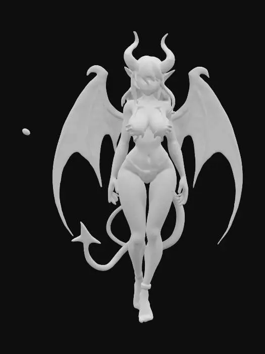 3D model for Mulher demonio estilo grafico de Shantae, seios médios e redondos, cintura fina, quadril largo, simetria, anime face, calda de diabo, asas de morcego, roupas de latex branca e pele vermelha, corpo inteiro, calcinha feita de ossos, ombro de ossos, cabelo curto