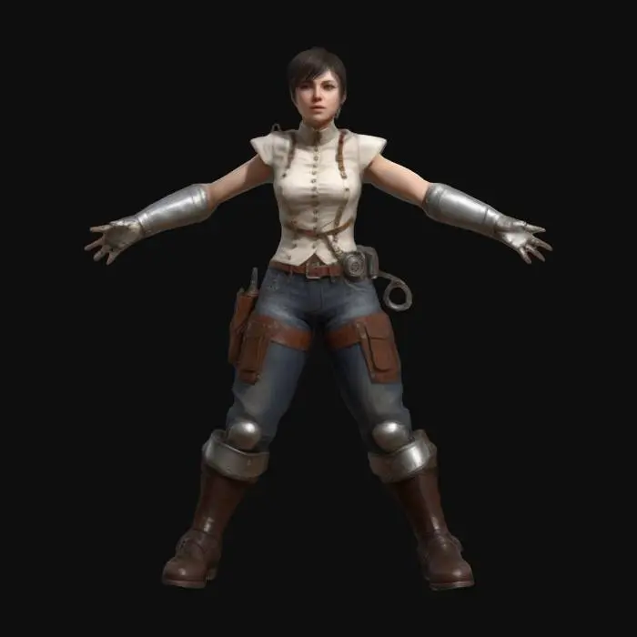 3D model for realistic human AAA videogame character, realism, high resolution, A-pose, arms out, feet apart, short hair, detailed face, steam punk style