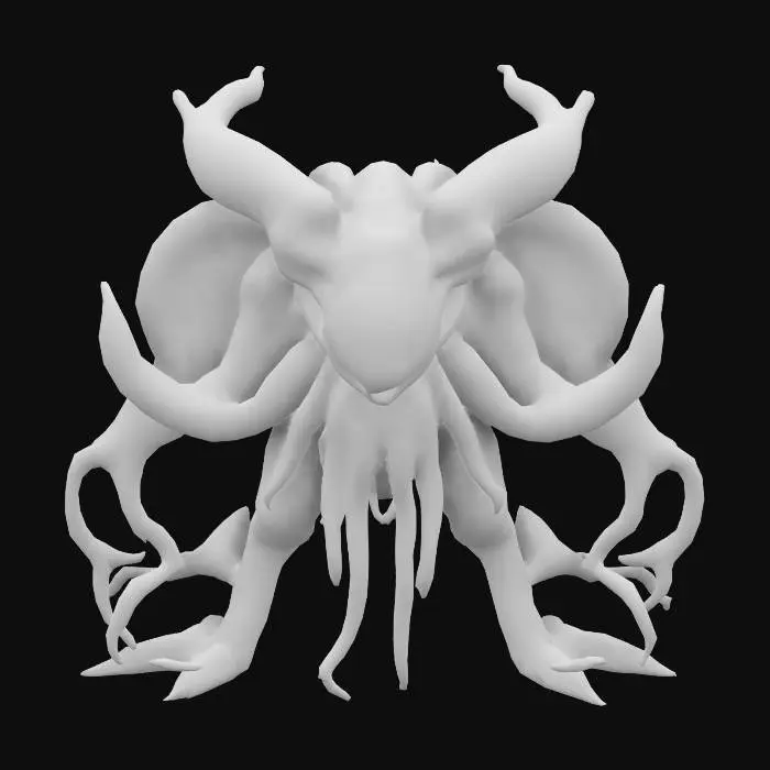 3D model for chaos demon lord, shantae Style, Dark Fantasy, cthulu inspired, abomination, eldritch, vibrant but muted colors,  highly detailed, well lit, textures are distressed, dark and gloomy, disturbing presence