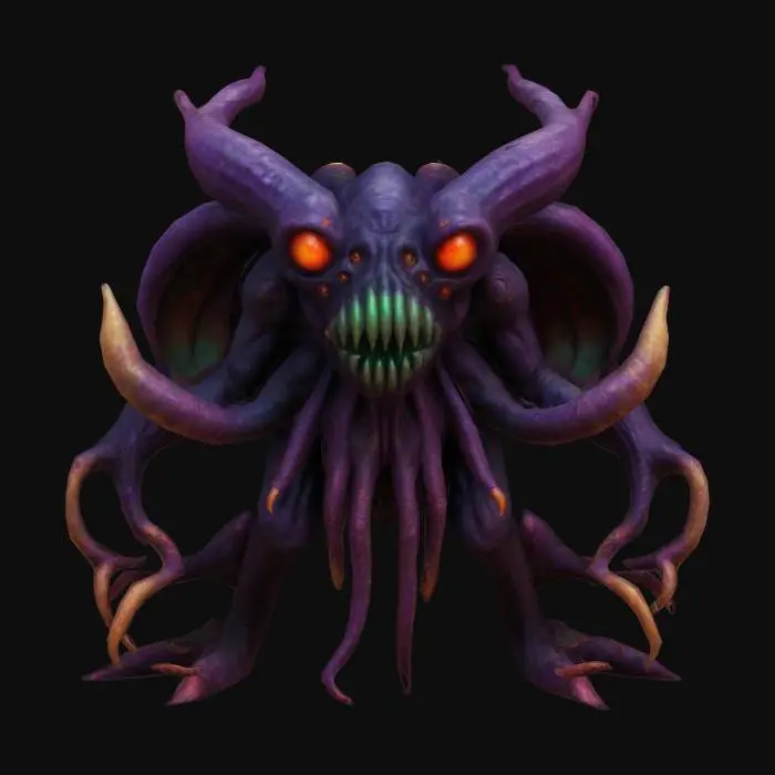 3D model for chaos demon lord, shantae Style, Dark Fantasy, cthulu inspired, abomination, eldritch, vibrant but muted colors,  highly detailed, well lit, textures are distressed, dark and gloomy, disturbing presence