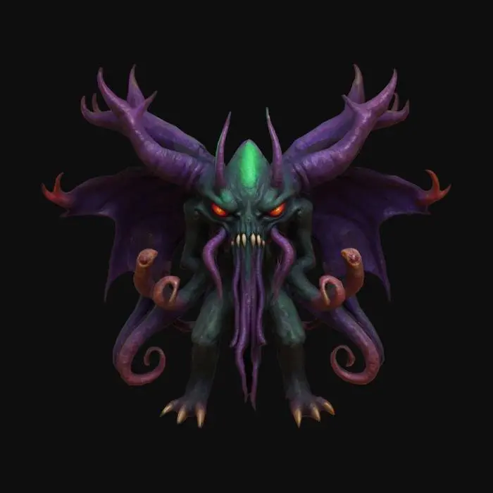 3D model for chaos demon lord, shantae Style, Dark Fantasy, cthulu inspired, abomination, eldritch, vibrant but muted colors,  highly detailed, well lit, textures are distressed, dark and gloomy, disturbing presence