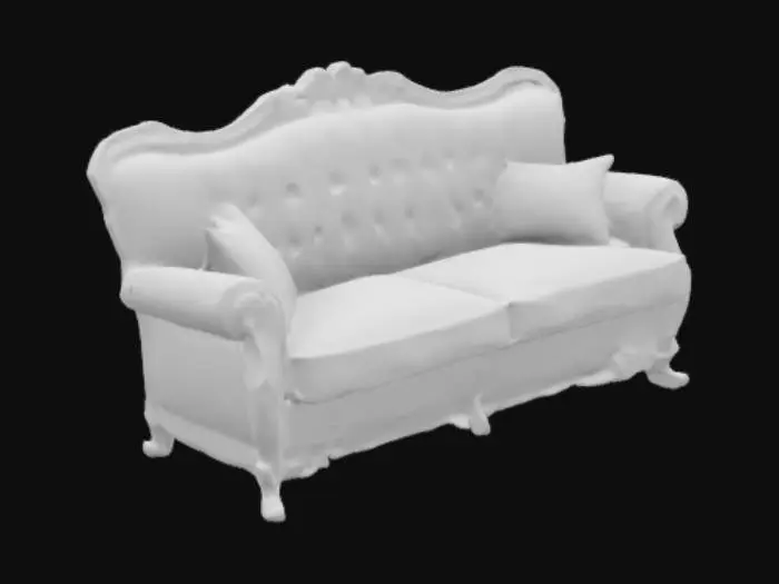 3D model for a haunted Old, Worn-out Sofa:

A large, faded sofa with torn upholstery and exposed stuffing. The wooden frame is scratched and the cushions are sagging. It exudes a sense of decay