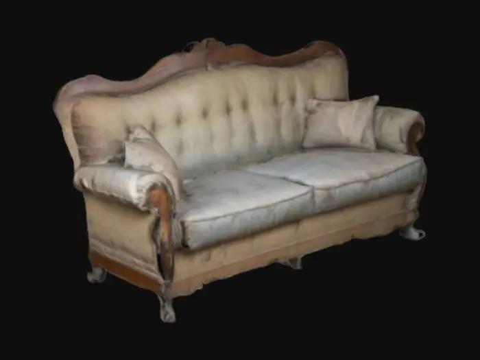 3D model for a haunted Old, Worn-out Sofa:

A large, faded sofa with torn upholstery and exposed stuffing. The wooden frame is scratched and the cushions are sagging. It exudes a sense of decay