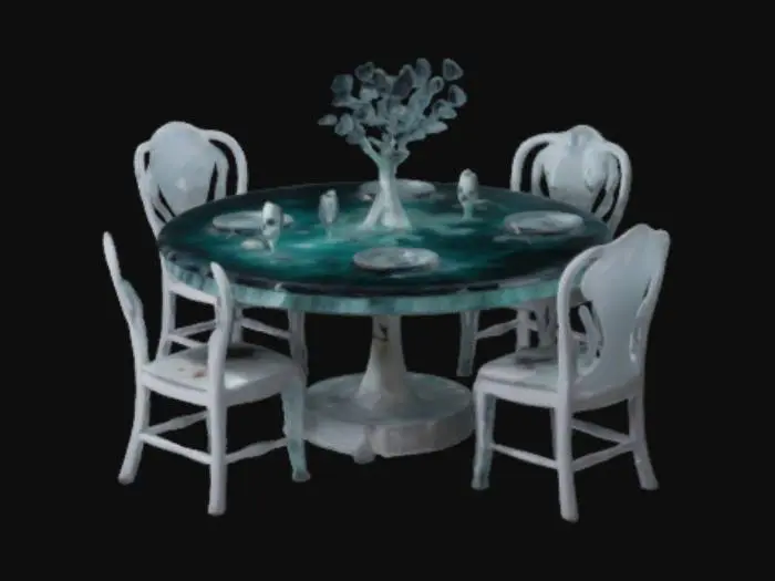 3D model for a horror ghosty themed dinning table with broken glass and plates on 