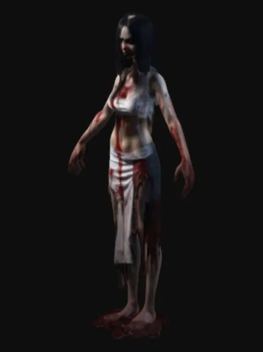 3D model for a horror girl character with blood patches on her and ripped clothes and tall and open arms