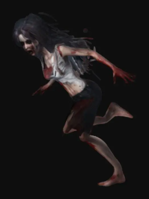 3D model for a horror girl character with blood patches on her and ripped clothes and tall and open arms