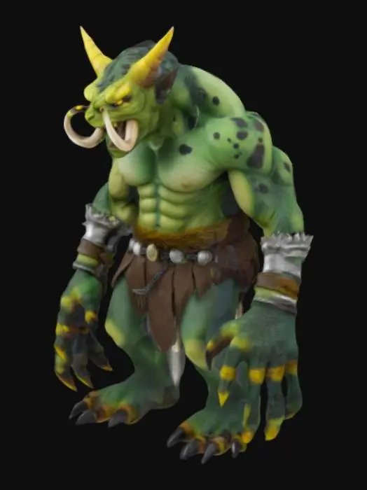 3D model for A highly detailed fantasy monster model with a massive, muscular body and rough, pale green skin covered in dark green scales and black spots. It has a fierce face with glowing yellow eyes, sharp tusks, and pointed ears. The creature wears weathered silver wristbands and a dark brown fur loincloth with a metal belt. Its large hands and feet have sharp, dark claws, giving it a powerful and battle-ready appearance, #fairy#