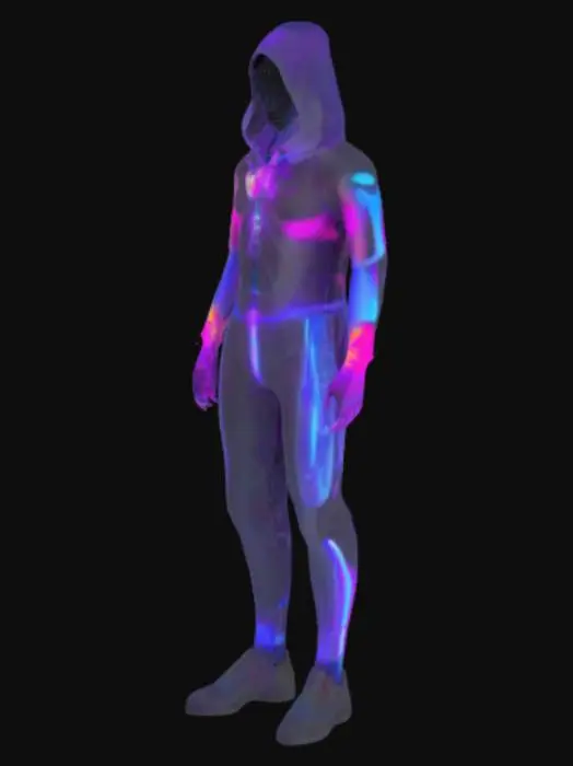 3D model for "Neon Phantom - The Digital Specter" – A mysterious humanoid figure composed of shifting, luminous energy. Their translucent form flickers between reality and cyberspace, leaving behind a trail of digital residue. Their attire is an amalgamation of glitching code and flowing, ethereal garments, glowing with neon hues that pulse with their emotions. Their eyes are voids of infinite data streams, and their movements are fluid like a specter haunting the virtual realm. With a floating holographic mask that distorts as they speak, this enigmatic entity embodies both beauty and terror, mesmerizing anyone who dares to look too closely standing straight.
