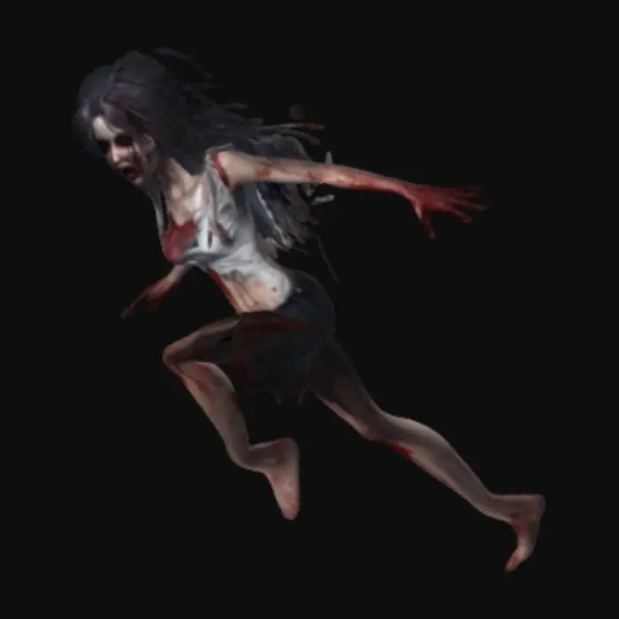 3D model for a horror girl character with blood patches on her and ripped clothes and tall and open arms