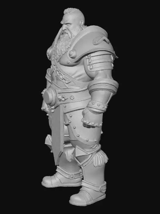 3D model for A Dwarven Fighter character for a Dungeons and Dragons campaign. He has a scruffy beard and is carrying a large maul/hammer. He has a red cape on and a metal helmet with metal armor