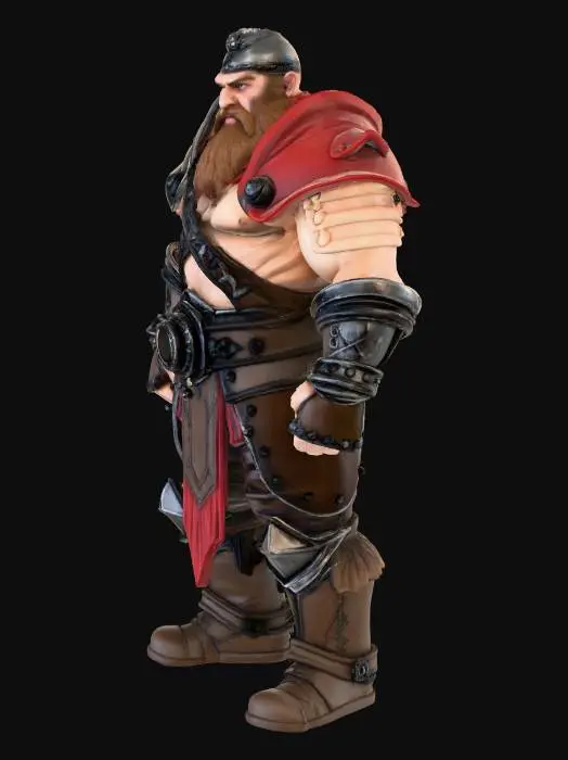 3D model for A Dwarven Fighter character for a Dungeons and Dragons campaign. He has a scruffy beard and is carrying a large maul/hammer. He has a red cape on and a metal helmet with metal armor