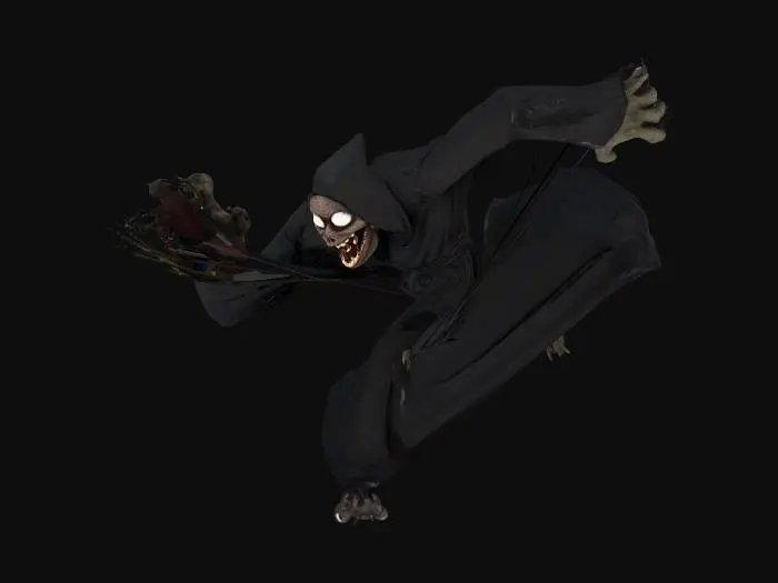 3D model for scary monster with scary smile crooked tall and black skin white eyes
