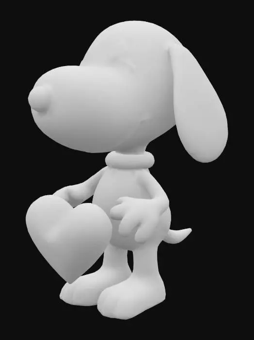 3D model for kollarının arasında kırmızı kalp tutan siyah beyaz gülümseyen snoopy