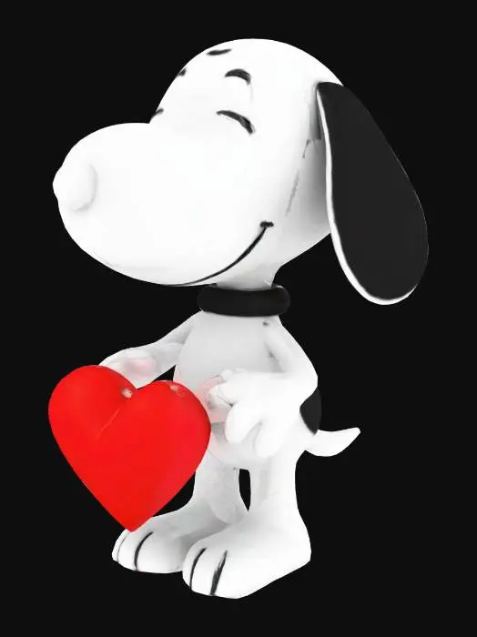 3D model for kollarının arasında kırmızı kalp tutan siyah beyaz gülümseyen snoopy