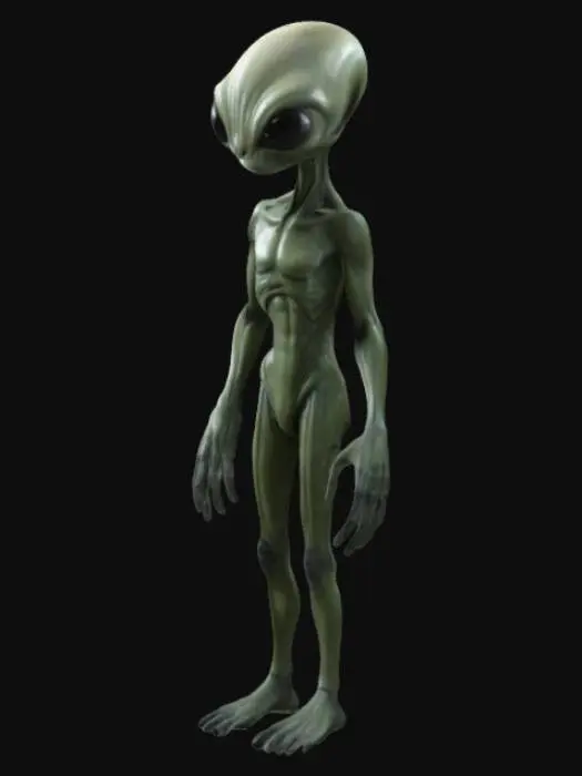 3D model for Create an image of a typical alien being, inspired by classic sci-fi depictions. The alien should have an otherworldly appearance, featuring an elongated, bald head with large, glossy black eyes that reflect light. Its skin should be smooth and slightly translucent, with a grayish-green or bluish hue. The body should be slender and humanoid, with long, thin fingers and a slightly elongated torso. 