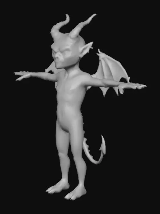 3D model for A small, mischievous imp with smooth, vibrant crimson skin and tiny, leathery bat wings. It features short, twisted horns, sharp black claws, a thin barbed tail, and glowing yellow eyes set in a cunning expression. Its lean body is poised, suggesting a rubbery yet firm texture, ready for playful malice.