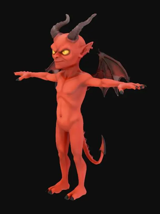3D model for A small, mischievous imp with smooth, vibrant crimson skin and tiny, leathery bat wings. It features short, twisted horns, sharp black claws, a thin barbed tail, and glowing yellow eyes set in a cunning expression. Its lean body is poised, suggesting a rubbery yet firm texture, ready for playful malice.