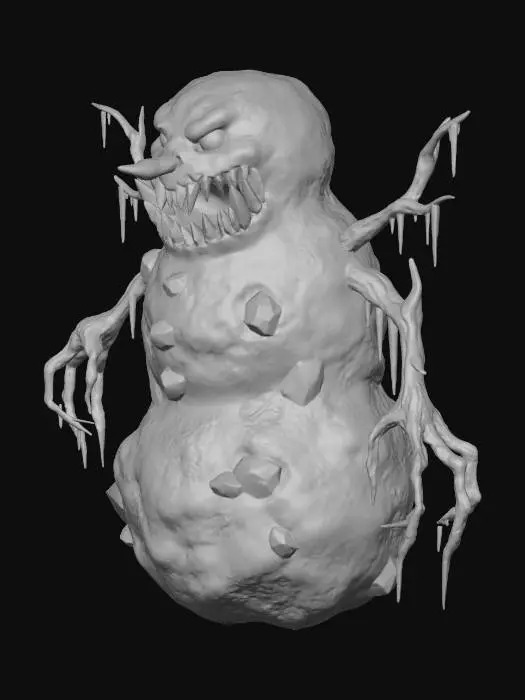 3D model for #Christmas2025#, A menacing demonic snowman, roughly sculpted from gritty, ash-stained snow, with jagged ice shards for teeth and glowing red ember eyes. Its body is mottled dark grey with patches of sharp, frozen crust, suggesting a rough, icy texture. Its arms are twisted branches, claw-like, tipped with icicles, all emanating a chilling, cold density.