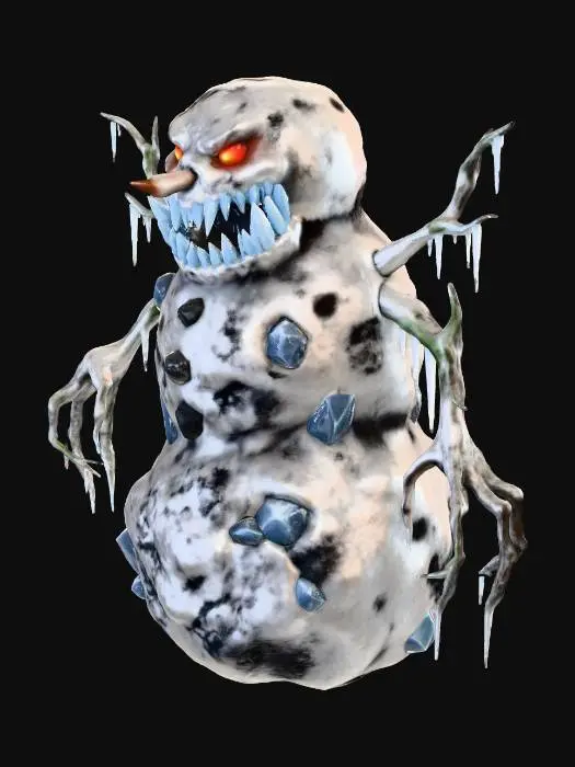 3D model for #Christmas2025#, A menacing demonic snowman, roughly sculpted from gritty, ash-stained snow, with jagged ice shards for teeth and glowing red ember eyes. Its body is mottled dark grey with patches of sharp, frozen crust, suggesting a rough, icy texture. Its arms are twisted branches, claw-like, tipped with icicles, all emanating a chilling, cold density.