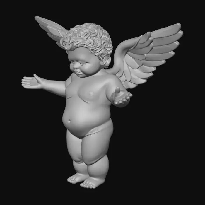 3D model for A small, biblically accurate cherub, intricately detailed. It possesses four distinct faces: a human, a lion, an ox, and an eagle. Four bronze-toned wings extend from its humanoid torso, two covering its body and two poised for flight. Its metallic skin shimmers like polished brass, adorned with numerous watchful eyes, conveying an ancient, complex, and divine presence.