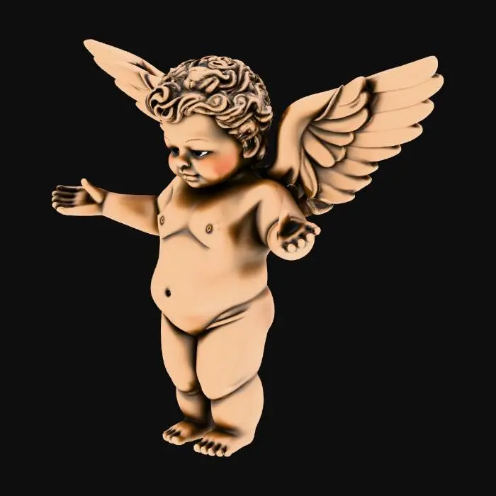 3D model for A small, biblically accurate cherub, intricately detailed. It possesses four distinct faces: a human, a lion, an ox, and an eagle. Four bronze-toned wings extend from its humanoid torso, two covering its body and two poised for flight. Its metallic skin shimmers like polished brass, adorned with numerous watchful eyes, conveying an ancient, complex, and divine presence.