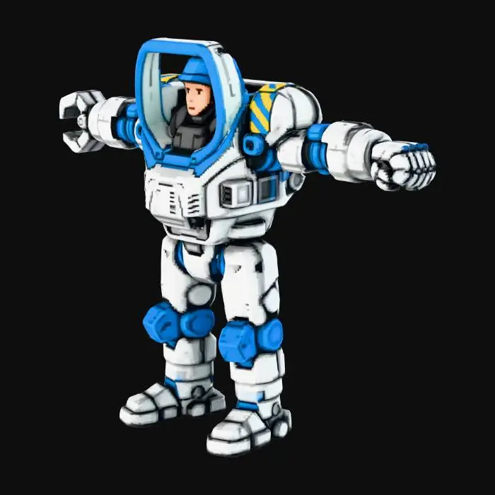 3D model for A robust bipedal exosuit, primarily silver metallic with striking blue accents and warning stripes. It features a visible pilot in an enclosed cockpit with a clear canopy, wearing a blue helmet. The left arm ends in a heavy three-fingered claw, while the right is a sturdy armored fist. Its blocky, industrial design suggests a durable, slightly worn metal texture and powerful structure.